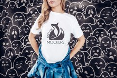 White tshirt model Halloween mockup on spooky BG with ghosts Product Image 1