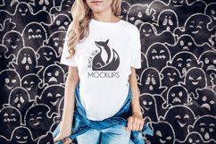 White tshirt model Halloween mockup on spooky BG with ghosts Product Image 1