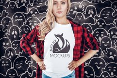 White tshirt model Halloween mockup on spooky BG with ghosts Product Image 1
