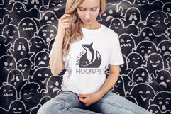 White tshirt model Halloween mockup on spooky BG with ghosts Product Image 1