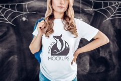 Halloween White t-shirt model mockup on chalkboard spiders Product Image 1