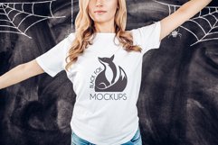 Halloween White t-shirt model mockup on chalkboard with web Product Image 1