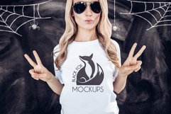 Halloween White t-shirt model mockup on chalkboard spiders Product Image 1