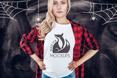 Halloween White t-shirt model mockup on chalkboard with web Product Image 1