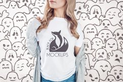 White tshirt model Halloween mockup on spooky BG with ghosts Product Image 1
