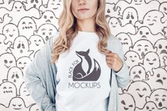 White tshirt model Halloween mockup on spooky BG with ghosts Product Image 1