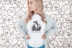 White tshirt model Halloween mockup on spooky BG with ghosts Product Image 1