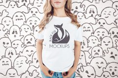 White tshirt model Halloween mockup on spooky BG with ghosts Product Image 1