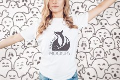 White tshirt model Halloween mockup on spooky BG with ghosts Product Image 1