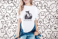White tshirt model Halloween mockup on spooky BG with ghosts Product Image 1
