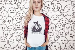 White tshirt model Halloween mockup on spooky BG with ghosts Product Image 1
