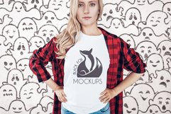 White tshirt model Halloween mockup on spooky BG with ghosts Product Image 1