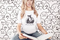 White tshirt model Halloween mockup on spooky BG with ghosts Product Image 1
