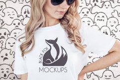 White tshirt model Halloween mockup on spooky BG with ghosts Product Image 1