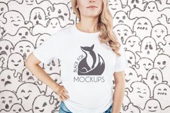 White tshirt model Halloween mockup on spooky BG with ghosts Product Image 1