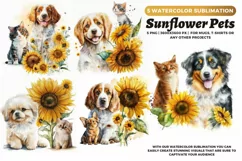 5 Cute Pets Portrait with sunflowers | watercolor dogs Product Image 1