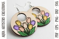 Round Hoop Tulips Earring, Engrave and Cut Laser cut, SVG Product Image 1