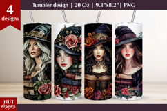 Vintage girl tumbler wrap, Nice Witch with book sublimation Product Image 1