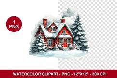 png watercolor clipart - red snowy cottage house Product Image 1