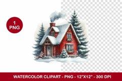 png watercolor clipart - red snowy cottage house Product Image 1
