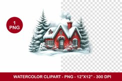 png watercolor clipart - red snowy cottage house Product Image 1