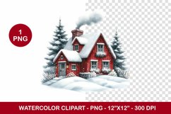 png watercolor clipart - red snowy cottage house Product Image 1