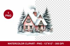 png watercolor clipart - pink snowy cottage house Product Image 1