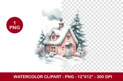 png watercolor clipart - pink snowy cottage house Product Image 1