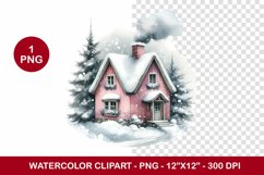 png watercolor clipart - pink snowy cottage house Product Image 1