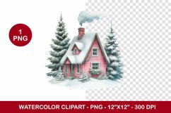 png watercolor clipart - pink snowy cottage house Product Image 1