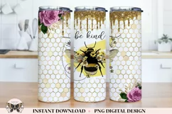 Bee Kind Tumbler Wrap PNG | Glitter Honeycomb & Roses Product Image 1