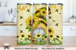 Sunflowers, Gnome & Bee Tumbler Wrap PNG For Sublimation Product Image 1