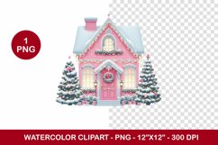 png watercolor clipart - pink christmas house Product Image 1