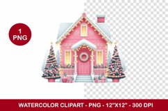 png watercolor clipart - pink christmas house Product Image 1