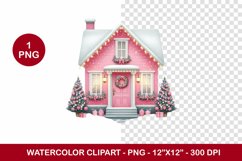 png watercolor clipart - pink christmas house Product Image 1