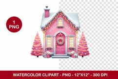 png watercolor clipart - pink christmas house Product Image 1