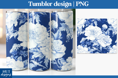 Chinoiserie Peony tumbler wrap, Floral Blue tumbler 20oz Product Image 1