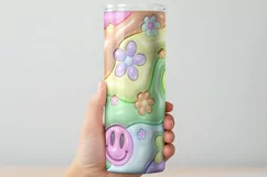 3D Inflated Puff Tumbler Wrap | Pastel Floral Smiley PNG Product Image 3