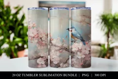 Sakura & Blue Bird 20 oz Skinny Tumbler Sublimation PNG Product Image 1