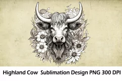 Floral Highland Cow Sublimation. Highland Floral Png Cow. Product Image 1