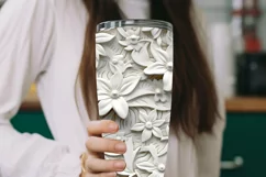 3D White Flowers Tumbler Wrap | Seamless Carved Look PNG Product Image 6