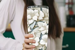 3D White Flowers Tumbler Wrap | Seamless Carved Look PNG Product Image 6