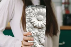 3D White Flowers Tumbler Wrap | Seamless Carved Look PNG Product Image 6