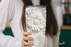 3D White Flowers Tumbler Wrap | Seamless Carved Look PNG Product Image 6