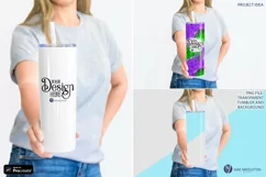 Mockup of Woman holding skinny tumbler for sublimation, waterslide with procreate file and photoshop smart object
