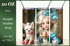 In this incredibly adorable illustration a little princess doll is portrayed surrounded by small and irresistibly cute puppies. This unique illustration is specifically designed for a tumbler with the capability for sublimation design. High resolution and
