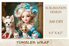 In this incredibly adorable illustration a little princess doll is portrayed surrounded by small and irresistibly cute puppies. This unique illustration is specifically designed for a tumbler with the capability for sublimation design. High resolution and