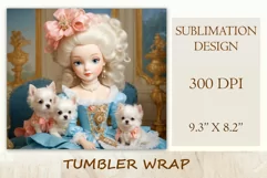 In this incredibly adorable illustration a little princess doll is portrayed surrounded by small and irresistibly cute puppies. This unique illustration is specifically designed for a tumbler with the capability for sublimation design. High resolution and