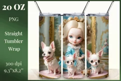 In this incredibly adorable illustration a little princess doll is portrayed surrounded by small and irresistibly cute puppies. This unique illustration is specifically designed for a tumbler with the capability for sublimation design. High resolution and