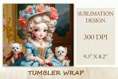 In this incredibly adorable illustration a little princess doll is portrayed surrounded by small and irresistibly cute puppies. This unique illustration is specifically designed for a tumbler with the capability for sublimation design. High resolution and